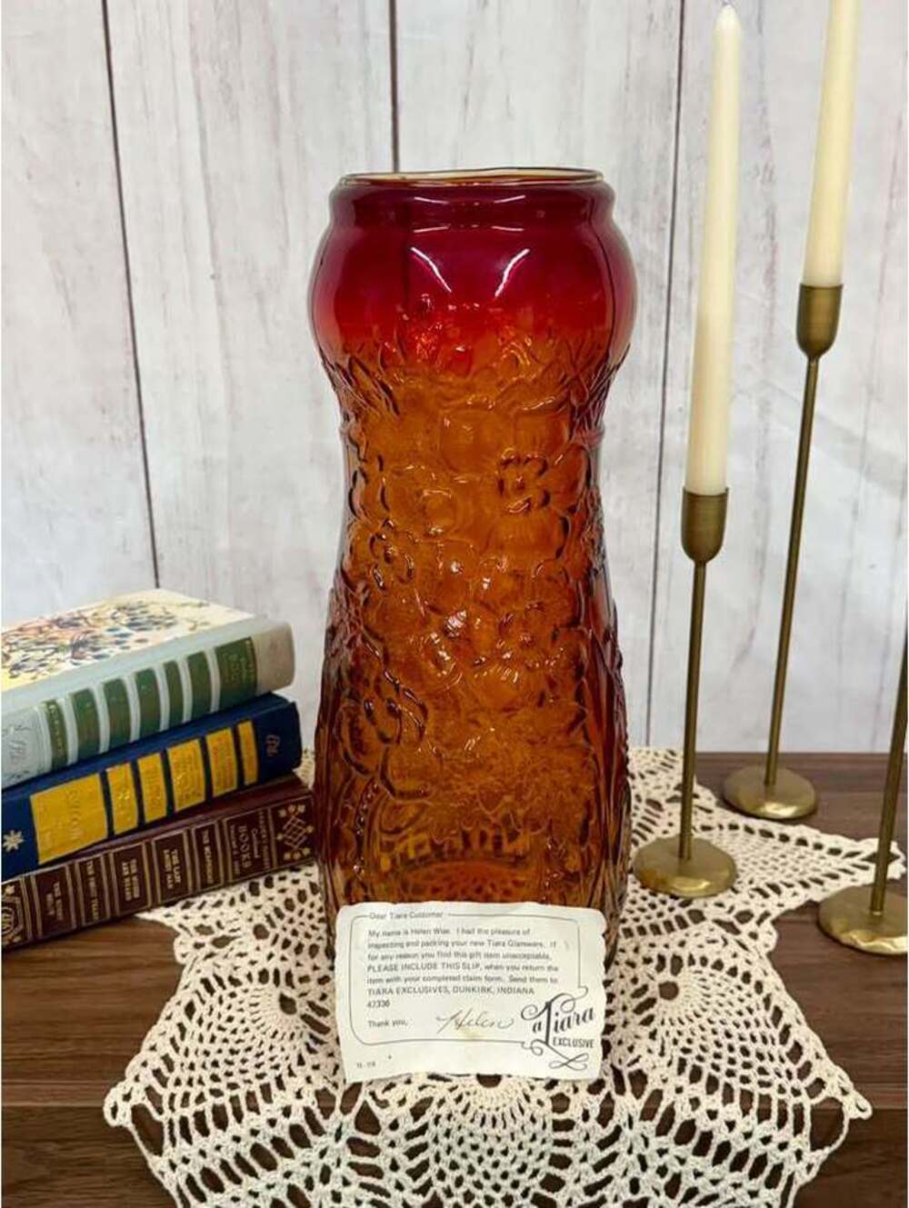 Tiara Exclusives Indiana Glass Sunset Rose Amberina Vase 15.5″ Original Paper